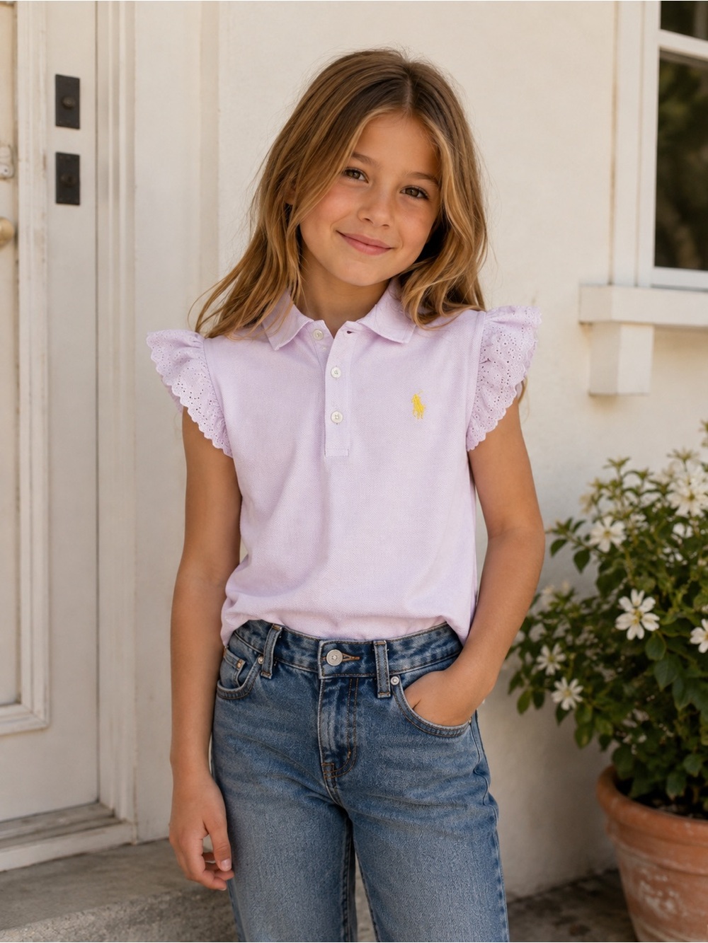 Ralph Lauren Lavender Eyelet-Sleeve Polo